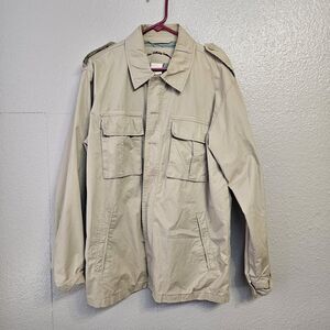machine clothing company Tan Utility Jacket Sz Lg Pocket Outdoors Gorp Core X528